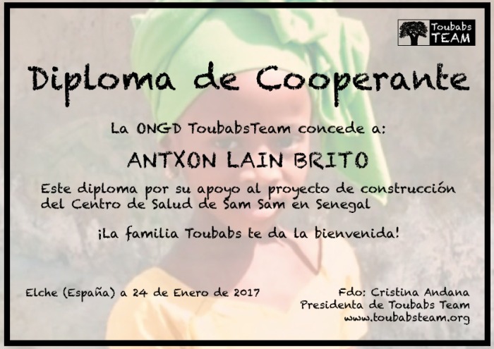 Los Toubabs te enviamos Tu Diploma de Cooperante 